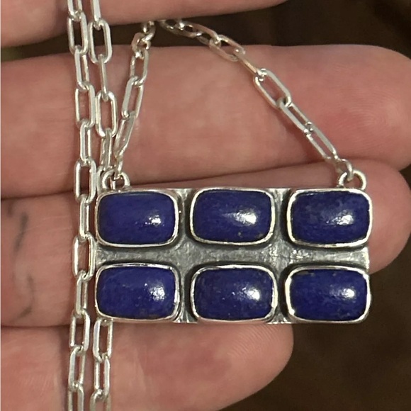 STERLING SILVER NATIVE AMERICAN SW LAPIS BAR NECKLACE PAPER CLIP CHAIN .925 - Picture 3 of 9